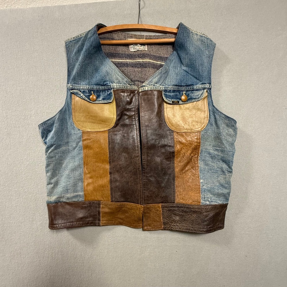 Vintage‎ Lee Storm Rider Upcycled Denim Leather Custom Patchwork Big Foot Vest